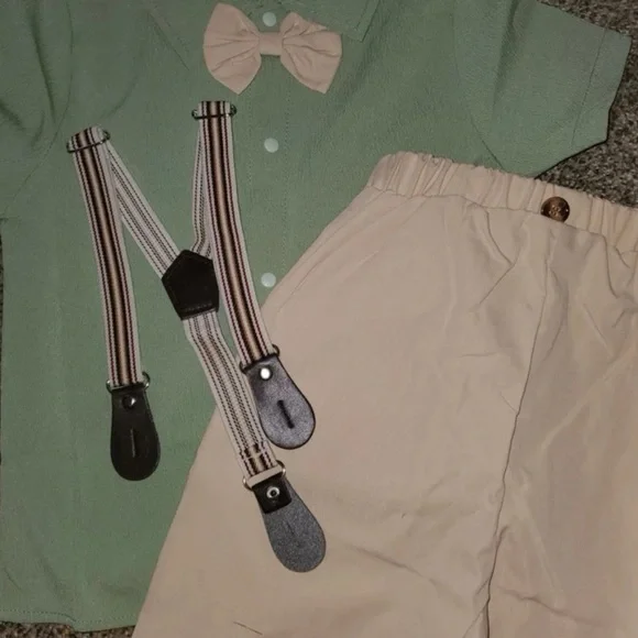 Baby boy bow front shirt and suspender shorts set, 18-24 months, green/tan - Picture 8 of 10